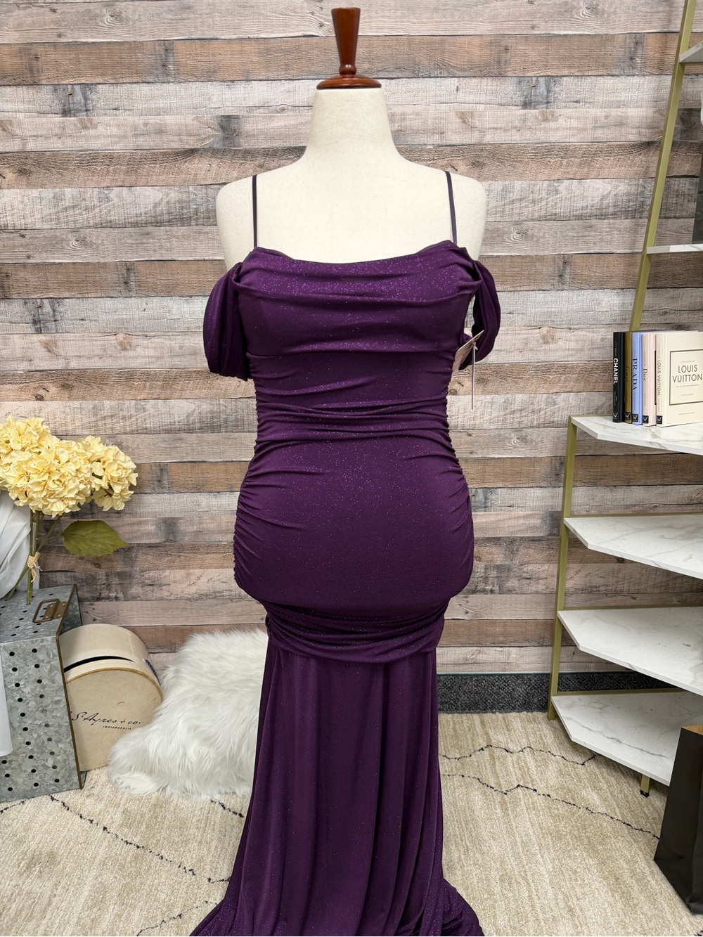Emerald Sundae purple ruched evening gown NWT large